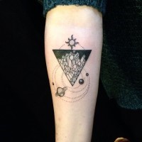 Unusual black ink forearm tattoo of solar system with triangle stylized with crystals