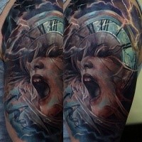 Unusual colored horror style shoulder tattoo of screaming woman with old clock