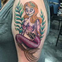 Unusual colored shoulder tattoo of zombie mermaid