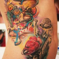 Unusual combined abstract style colored human brain and heart on libras tattoo on side stylized with mystical mask