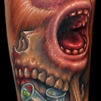 Unusual combined alive monkey face tattoo on forearm combined with skull and tubes