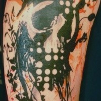 Unusual combined and colored shoulder tattoo of human skull with flowers and cartoon bear