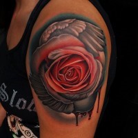 Unusual combined big bloody colored rose with angel wing tattoo on shoulder