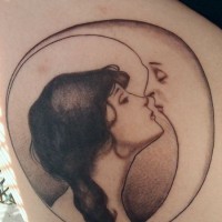 Unusual combined black and white woman kissing the moon tattoo