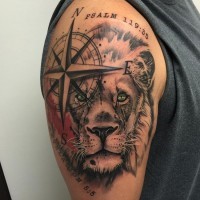 Unusual combined colored lion head tattoo on shoulder with nautical star and lettering