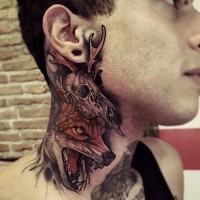 Unusual combined colorful evil fox with animal skull tattoo on neck