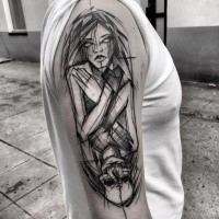Unusual combined linework style half sleeve tattoo of woman with skeleton by Inez Janiak