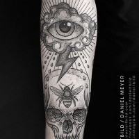 Unusual combined mystical cult like tattoo with skull and cloud with eye on arm