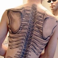 Unusual designed and painted big black and white all back bones skeleton tattoo on back