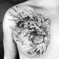 Unusual designed black ink chest tattoo of lion head with geometrical figures