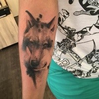 Unusual designed black ink forearm tattoo of wolf portrait