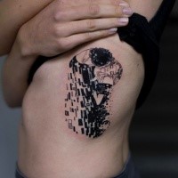 Unusual designed black ink side tattoo of sleeping woman