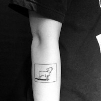 Unusual designed black ink tiny dog in frame tattoo on arm