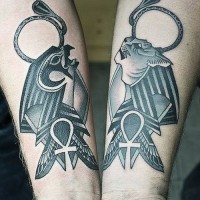 Unusual designed black ink various Egypt Gods tattoo on forearm