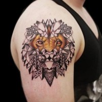 Unusual designed colored half real half ornaments lion tattoo on shoulder area