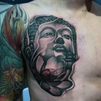 Unusual engraving style large chest tattoo of Buddha statue and lotus