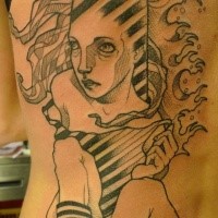 Unusual homemade style black ink side tattoo of fantasy woman