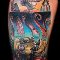 Unusual illustrative style thigh tattoo of big octopus with sailing ship and skull