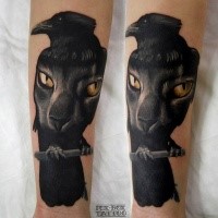 Unusual looking colored black crow tattoo on forearm stylized with cat face