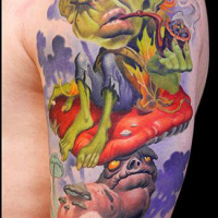 Unusual looking colored illustrative style smoking little monster with mushrooms tattoo on shoulder