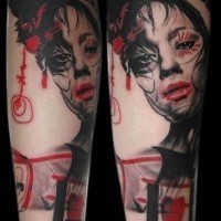 Unusual multicolored Asian woman portrait tattoo on leg