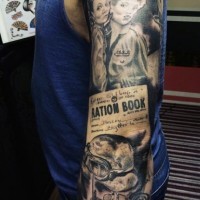 Unusual painted black and white military women tattoo on sleeve