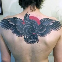 Unusual painted colored crow with two heads tattoo on upper back