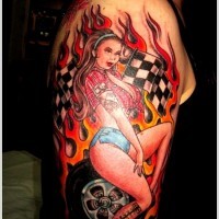 Unusual painted seductive racing woman shoulder tattoo