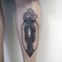 Unusual style big little black ink knot tattoo on leg