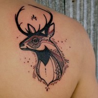 Unusual style colored and painted little deer tattoo on shoulder