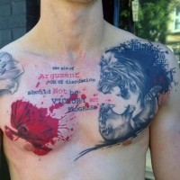 Unusual style combined colored fighting lions with flower and lettering tattoo on chest