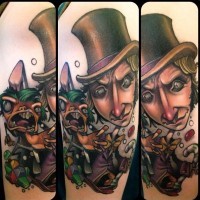 Unusual style designed and colored evil man portrait on shoulder with monster rabbit
