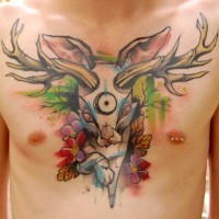 Unusual style half cat half bunny half deer tattoo on chest