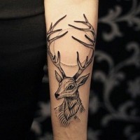 Unusual style little black ink deer tattoo on arm