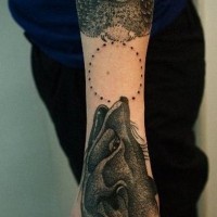 Unusual style painted big bird with fox realistic tattoo on arm