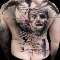 Unusual style painted big colored tattoo with sad clown, lettering and birds on whole back