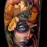 Unusual style painted colored mystical half deer half woman tattoo on leg