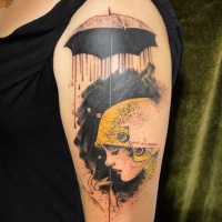 Unusual style painted woman with unusual umbrella tattoo on shoulder