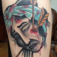 Usual Asian style colored sever head with arrows tattoo