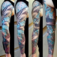 Usual colored and designed various sharks tattoo on sleeve
