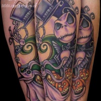 Usual colored forearm tattoo of Nightmare before Christmas hero and dog shaped ghost