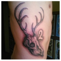 Usual colored very detailed deer skull tattoo on side stylized with number