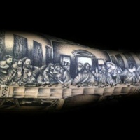 Usual homemade like black ink Lord's Supper picture tattoo on arm