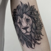Usual linework style black ink lion tattoo