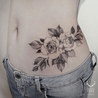 Usual looking painted by Zihwa waist tattoo of simple rose