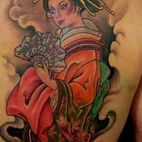 Usual old school designed colored shoulder tattoo of cute Asian woman in nice dress
