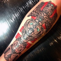Usual style colored big animal statue tattoo on leg