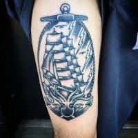 Usual style painted black ink old ship nautical portrait tattoo on thigh