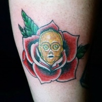 Usual style red colored big flower tattoo on arm stylized with C3PO head