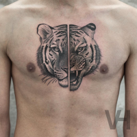 Valentin Hirsch tatuagem no peito inspirada e simétrica de tigres firmes e raivosos